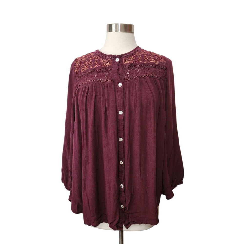 Cafe Marrakech Womens Peasant Top 1X Burgandy Knit LACE ACCENTS Button Front LS